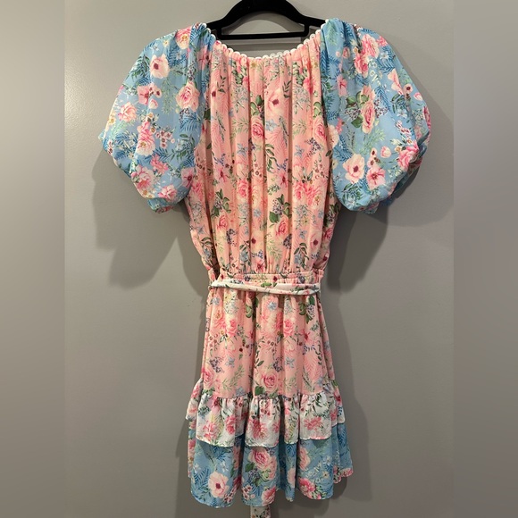 Love Colette Tiered Ruffle Hem Tie Waist Floral Lace Hem Dress Size S Pink Blue - Picture 4 of 8